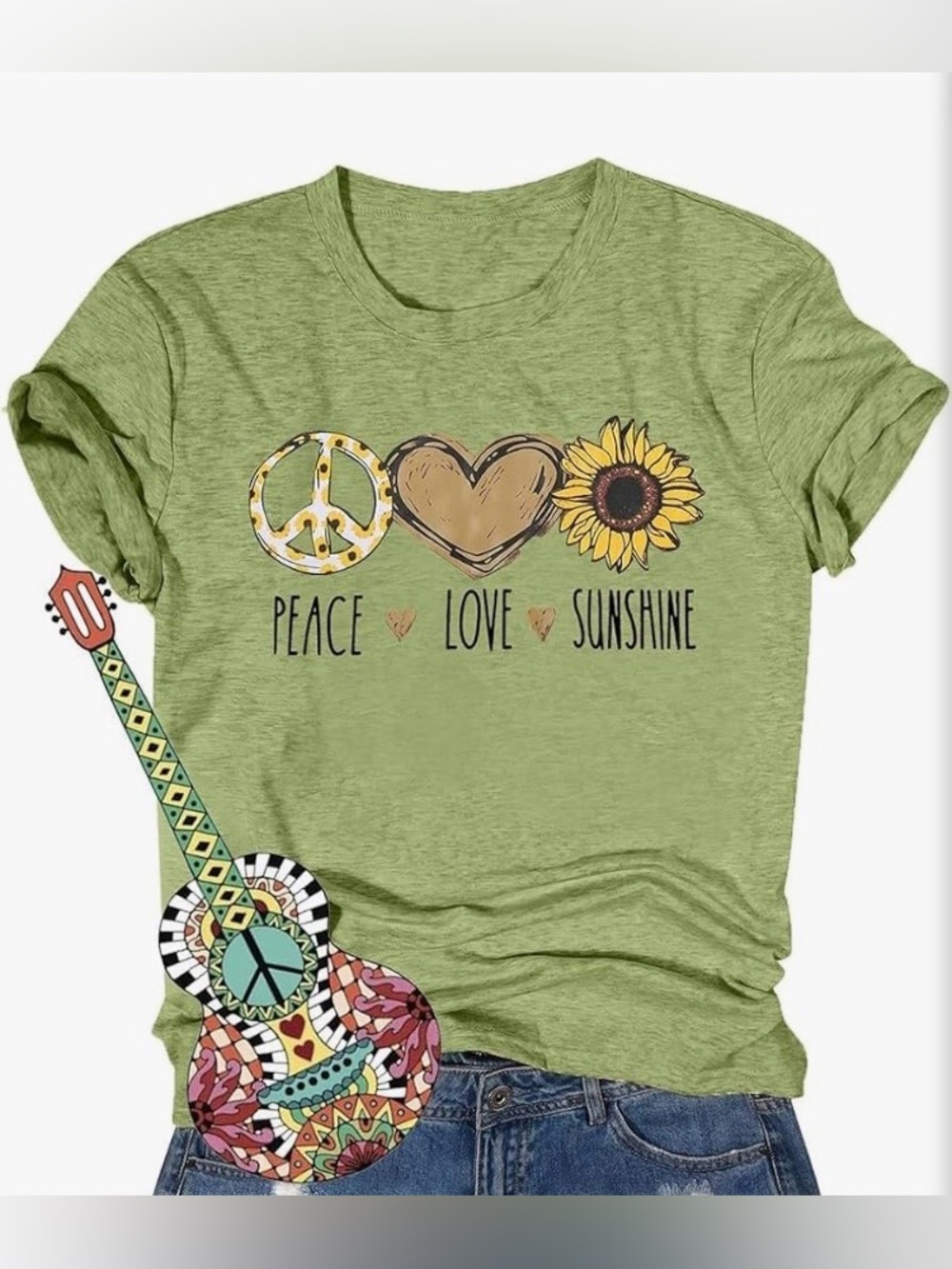 Peace Love Sunshine Green Graphic Tee, Size Large